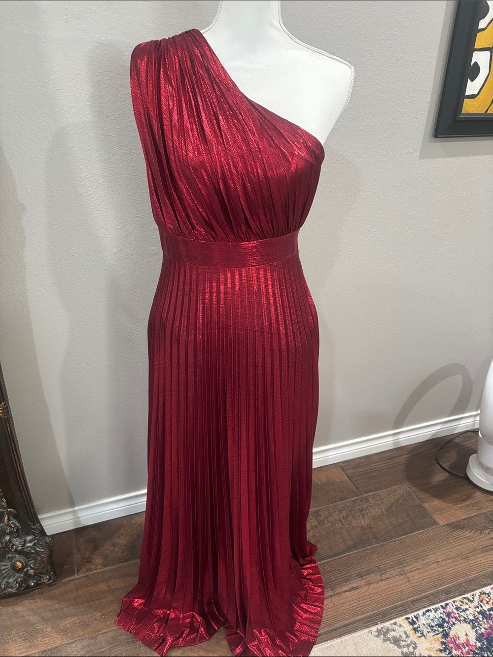 One-Shoulder Metallic Red Pleated Evening Gown